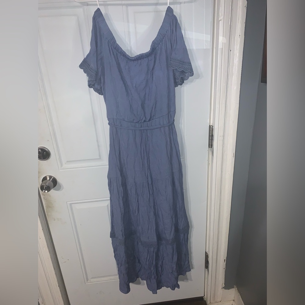 Denim Blue off the shoulder maxi flare dress